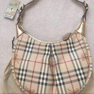 NWT Burberry Haymarket check Rydal Gold hobo purse